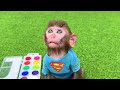 Monkey Baby Bon Bon doing shopping in Toy store and eats ice cream rainbow with duckling the pool