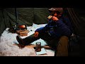 Solo camping in heavy snow | Hot tent and snow that continues until morning