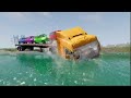 Double Flatbed Trailer Truck vs Speedbumps Train vs Cars | Tractor vs Train Beamng.Drive 050