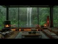 Warm Jazz Music With Waterfall Sound In Living Room - Smooth Jazz Music By Fireplace On Rainy Day