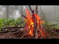 Solo Camping In the Rain - Meat Bread on Open Fire - Chops on Natural Stone