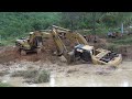 INCREDIBLE Trying To Pull Out A CAT®320 Excavator Drive Uphill Landslide Stuck Underwater