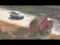 Best Action Bulldozer KOMATSU D31PX Pushing Soil, Truck Wheel 10 Delivery to Unloading making Road