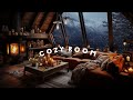 Go Sleep With Soft Jazz Music - Cozy Room Ambience - Howling Wind Sound Out Glass Door - Fire Sound