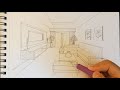 How to draw a living room in 1 point perspective