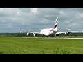 Emirates A380 line up and take off from Manchester airport