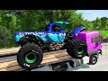 Big & Small Long Mack Truck with POU vs Train Thomas - Flatbed Trailer Truck Rescue Bus - BeamNG