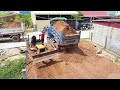 Amazing new project! Full process 100% skillful Mitsubishi D20P pushing soil & dump trucks delivery