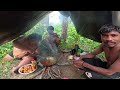 Pork Leg Cooking in Jungle We Build Survival Bushcraft Near River in Heavy Rain