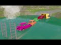 Double Flatbed Trailer Truck vs Speedbumps Train vs Cars | Tractor vs Train Beamng.Drive 050