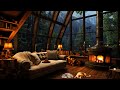 Rain Day in Cozy Cabin Ambience, Soft Jazz Music & Heavy Rain Sound for Sleep, Dog & Sleep Cat