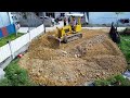 New Project!!! Dozer & Dump Truck Starting To Pour Soil​ On water and grass To Build a House​. Nice!