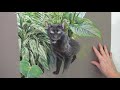 Pet Portrait - Painting a black Cat in Pastel. Complex foliage background. Painting fur and plants.