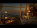4K Cozy Bedroom With A Night View Of New York City with Jazz Music for Relax and Study