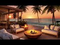 Seaside Night Jazz Atmosphere in Super Luxury Hotel 4K and Fireplace. Soft Jazz and Sea Waves Sounds
