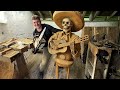 AMAZING CHAINSAW wood carving, Skeleton with Guitar