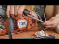 Mechanic girl _ repairs and restores wood cutting machines Hpusqvarna 365 broken