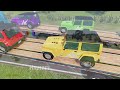 Double Flatbed Trailer Truck vs Speedbumps Train vs Cars Tractor vs Rainbow Slide BeamNG Drive #2
